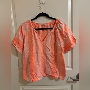 Ivy Jane Women's Bright Neon Orange V-Neck Top, puff sleeves & striped pattern